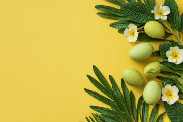 Easter arrangement with green eggs, white flowers, & fern on yellow