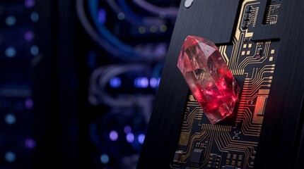 Glowing red crystal on circuit board with server racks in background. Fusion of gemstone and high-tech electronics. Innovative technology concept blending natural element and digital innovation.