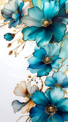A vertical alcohol ink illustration of cascading floral motifs in bright cyan