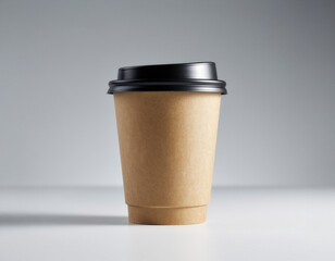 Kraft paper coffee cup mockup with black lid on neutral background