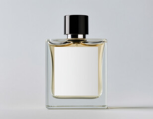 Perfume bottle mockup with blank label on neutral background