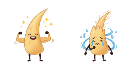 Anthropomorphic blonde hair fibers, one strong and smiling with sparkling stars, one weak and crying with a blue indicator, on a transparent background, hair health comparison concept