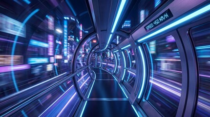 Futuristic neon-lit tunnel with glowing blue and purple lights. Cyberpunk city corridor showing motion blur and high-speed travel. Sci-fi urban transportation and high-tech architecture concept.