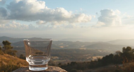 An Empty Glass Container On A Rocky Surface Overlooking Rolling Hills And Cloudy Sky.