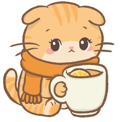 Cozy Honey Cat Clipart Cute Scottish Fold Kitten Holding Lemon Tea Warm Winter Drink Illustration Kawaii Orange Cat with Scarf for Stickers Planner Scrapbooking Crafts
