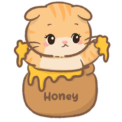 Cozy Honey Cat Clipart Cute Scottish Fold Kitten Sitting in Honey Pot Dripping Honey Sweet Dessert Illustration Kawaii Orange Cat for Stickers Planner Scrapbooking Crafts
