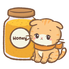 Cute honey cat sitting beside large honey jar cozy winter scarf adorable feline sweet pantry theme soft yellow tones kawaii illustration clipart
