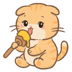 Kawaii honey cat licking sweet honey stick cozy winter scarf adorable feline dessert lover cute honeybee theme warm yellow tones illustration clipart