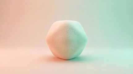 Abstract geometric polyhedron with pink to cyan gradient texture. 3D rendered faceted shape on white background. Modern digital art concept for design visualization and contemporary graphics.