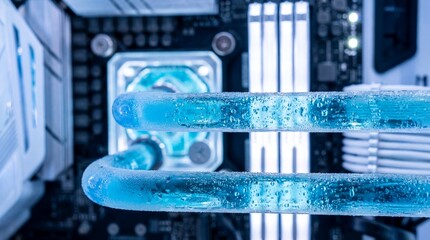 Close-up of liquid cooling system on computer motherboard with blue tubes and reservoir. High-performance PC hardware for gaming and overclocking. Advanced cooling technology and internal components