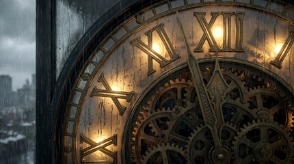 Close-up of antique clock face in rainy weather. Weathered vintage timepiece with brass gears and roman numerals on urban tower. Mystical steampunk atmosphere overlooking blurred city skyline for