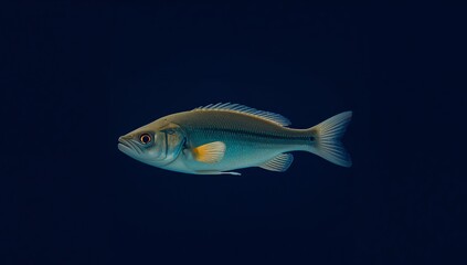 Fototapeta premium Aquatic Creature Fish with Blue and Gold Tint Against a Deep Blue Background.