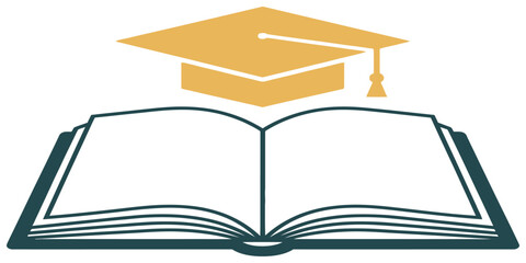 Flat vector illustration of an open book with a graduation cap above it, minimal design,modern education concept, isolated on plain background.