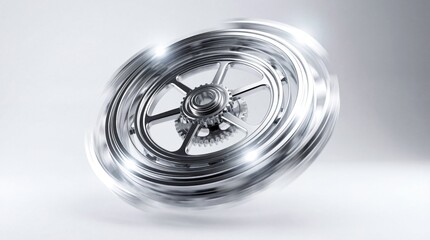 Spinning metallic wheel with motion blur and spokes. Dynamic rotation in industrial machinery. Engineering concept of speed and mechanical motion.
