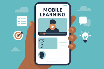 Hand holding smartphone displaying mobile learning app with educational icons