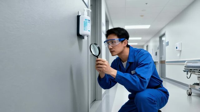 Medium shot of maintenance worker inspecting antibacterial drywall coatings in a healthcare facility showcasing durability and sanitation standards.