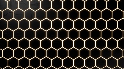 Black hexagonal grid pattern with glowing edges. Futuristic digital matrix design. Abstract technology background for sci-fi concepts and modern graphics.