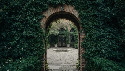Archway to an Enclosed Space with Dense Vegetation and Paved Stone Surfaces.