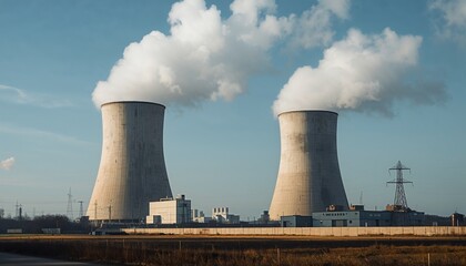 A large nuclear power plant stands under a clear sky, towering cooling towers releasing white steam. The structured industrial complex reflects controlled energy production and modern plant.