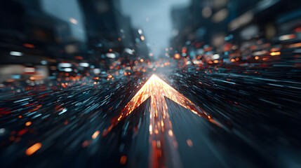 Abstract arrow of light over blurred cityscape representing business transformation and decision intelligence, speed, data-driven direction and strategic change.
