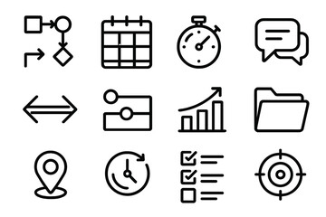 Labor Day Icons. Labor Day Operations Icons in outline black lines style. process map, scheduling grid, task timer, communication bubble, coordination arrow, workflow lane,