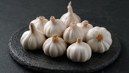 Arranged Aliums. Still Life of Garlic Bulbs on a Textured Dark Surface, Illuminated.