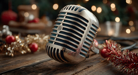 Classic vintage microphone on a wooden surface, surrounded by red and gold tinsel with warm blurred Christmas lights for a festive holiday music performance concept