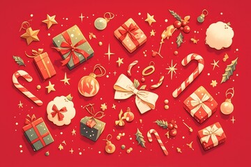 Watercolor style flat illustration of Christmas presents and candy cane pattern on red paper texture background, simple cute high-resolution design for holiday cards, packaging, social media, digital 