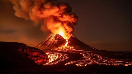 Spectacular nocturnal volcanic eruption with glowing molten lava rivers cascading down the mountain slopes under a dark, smoke-filled sky