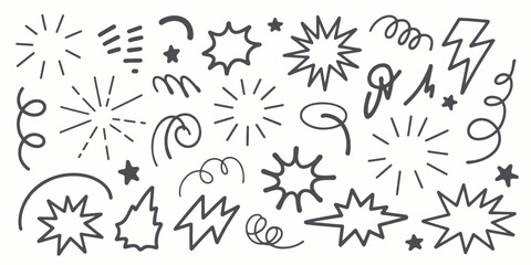 Comic Book Explosion Elements in Hand Drawn Style with Black Ink on White Background for Graphic Design
