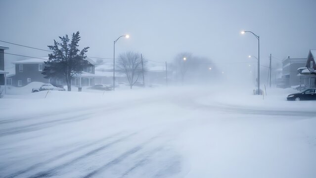 A severe winter storm blankets a residential street in a thick layer of snow, with strong winds creating a whiteout and low visibility conditions