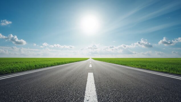 Asphalt Path. A Journey into Brightness under a Vast Sky, Leading to an Unknown Horizon.