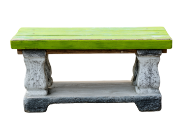 Rustic green wooden bench with stone legs isolated on transparent background
