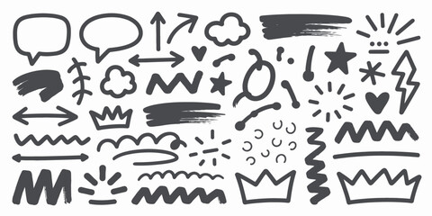 Hand Drawn Doodle Elements Set in Monochrome Black and White with Various Shapes and Symbols for Graphic Design