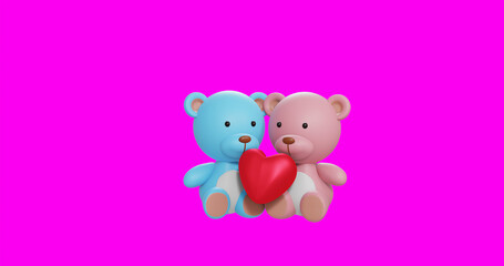 Obraz premium Valentine concept, two bears with heart on pink monochrome. 3d render illustration. 