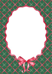 Watercolor Holiday Bow Frame with Red Wavy Ribbon and Green Pattern Background. Hand-drawn texture with a vintage seasonal feel.