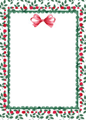 Green scalloped frame with red dots and bow on greenery background. Watercolor illustration for greeting card, invitations,menus.