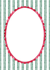 Watercolor oval frame with red scallops on green stripes background. Hand painted illustration for greeiting card,wedding invitation,baby shower.