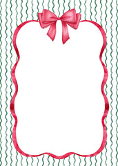 Coquette bow frame. Wavy red ribbon border.Watercolor illustration for festive invitation.