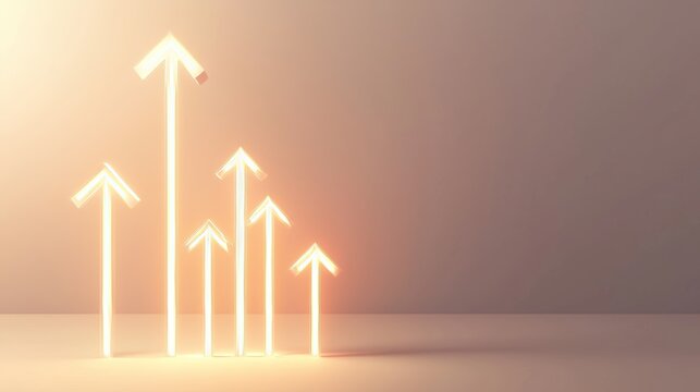Futuristic composition of 3D arrows pointing upward on pastel gradient backdrop, clean minimal concept for innovation, analytics, and growth visualization - Powered by Adobe