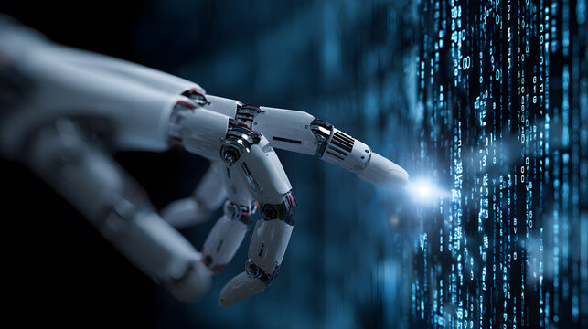 Robot hand touches digital stream - Powered by Adobe