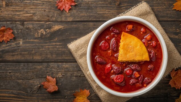 Autumnal Still Life with Crimson Stew and Golden Bread on Rustic Wooden Surface.