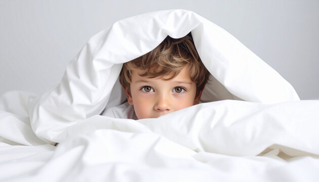Anxious boy under blanket with worried expression hiding in bed, soft white bedding, childhood emotion, indoor, morning light