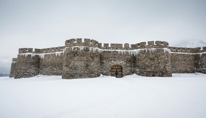 A historic stone castle wall and wooden gate partially buried under a thick layer of fresh snow.