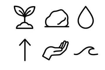 Icons of Resilience. Resilience in outline black lines style. seedling, rock, water droplet, arrow up, hand, wave line.