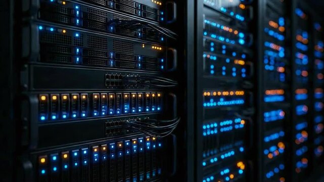 Close-up of professional server racks in a dark data center. Flashing blue and orange LED indicators on high-tech equipment represent active data processing and cloud storage performance.
