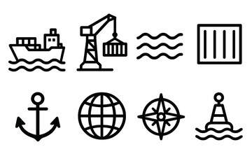 Global Sea Trade Icons. Global Sea Trade in outline black lines style. cargo ship, port crane, wave, container, anchor, globe, compass, buoy.