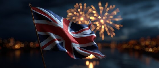 Glowing british flag waving beneath a sky filled with festive fireworks