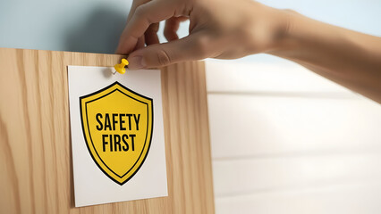 Hand placing safety first sticker on wooden surface