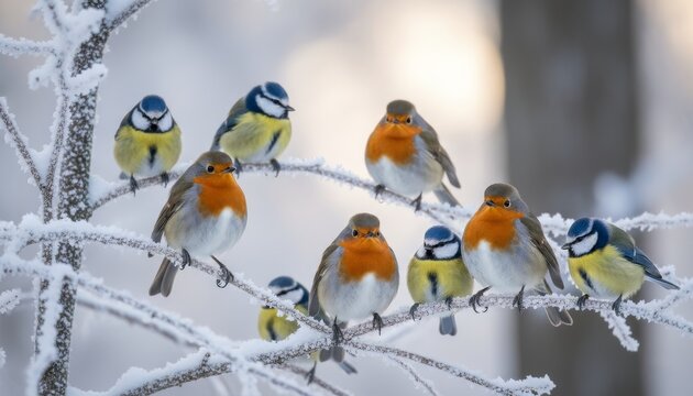 A group of colorful small birds, including robins and tits, perched on a frosted branch.